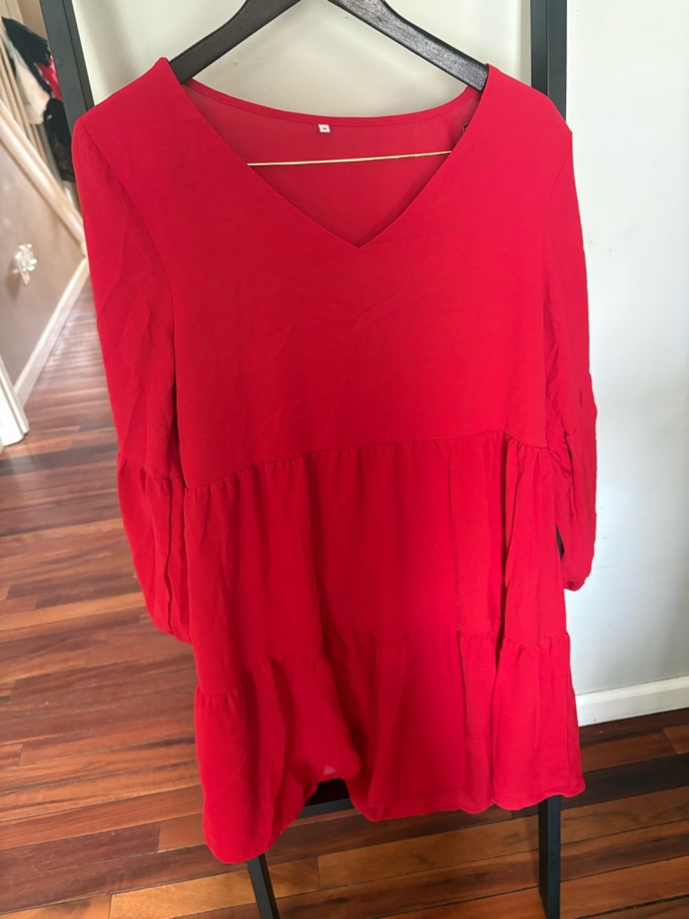 Red V-Neck Tiered Tunic Dress